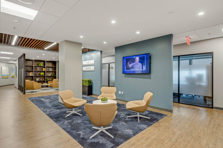 Modern commercial office lobby with waiting area, TV, and contemporary decor - LAY Construction.