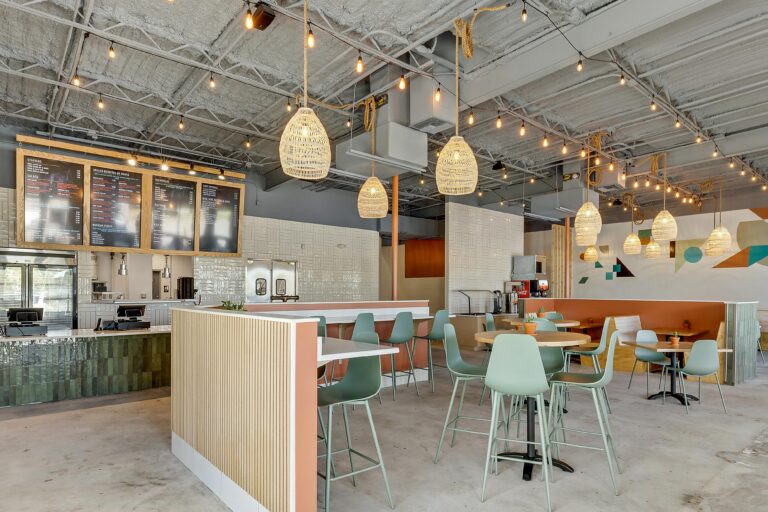 Modern industrial cafe interior with stylish seating and decorative lighting | LAY Construction.