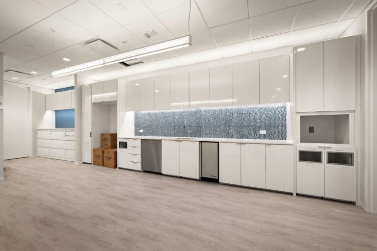 Modern commercial kitchen with white cabinetry and sleek design.